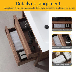 30" Natural Walnut Freestanding Bathroom Vanity with White Solid surface Countertop