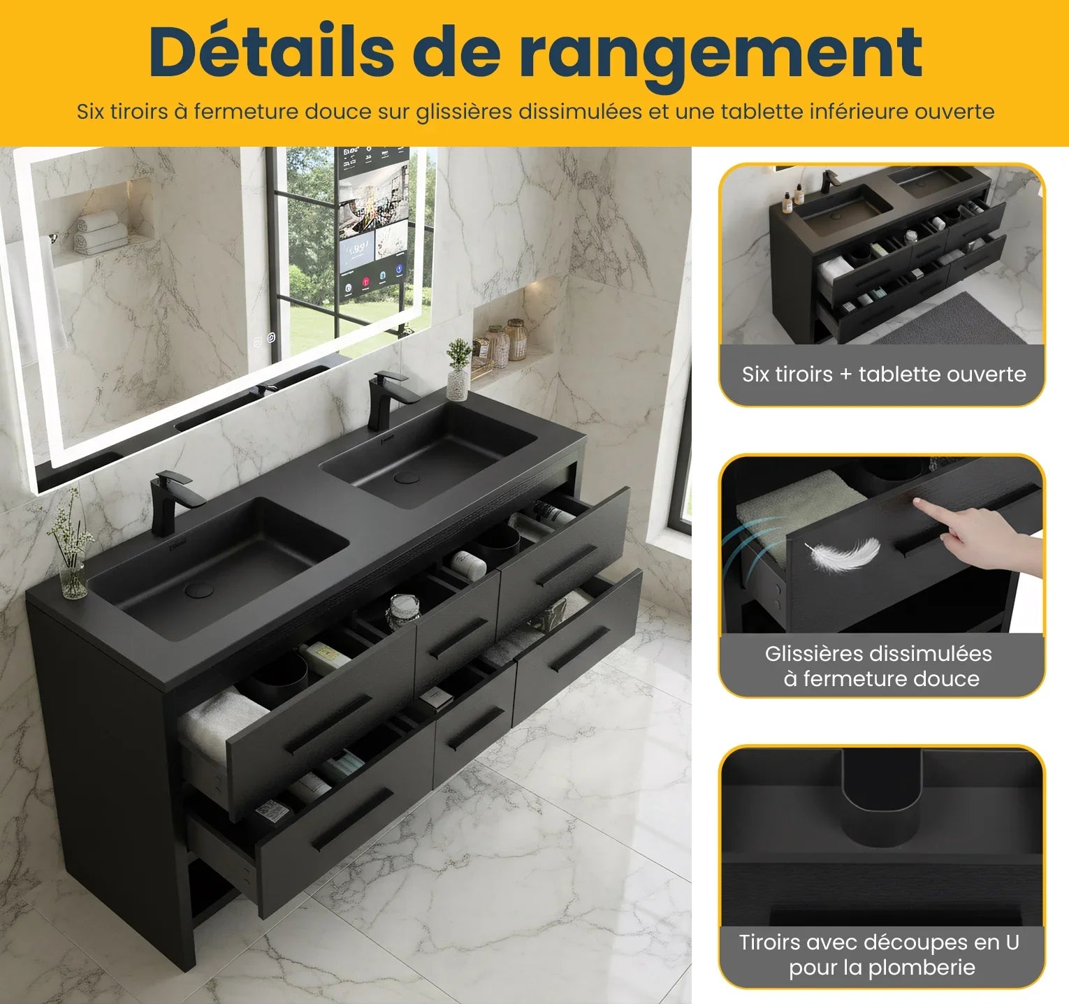 60" Black Oak Freestanding Double Sink Bathroom Vanity with Black Engineered Quartz Countertop