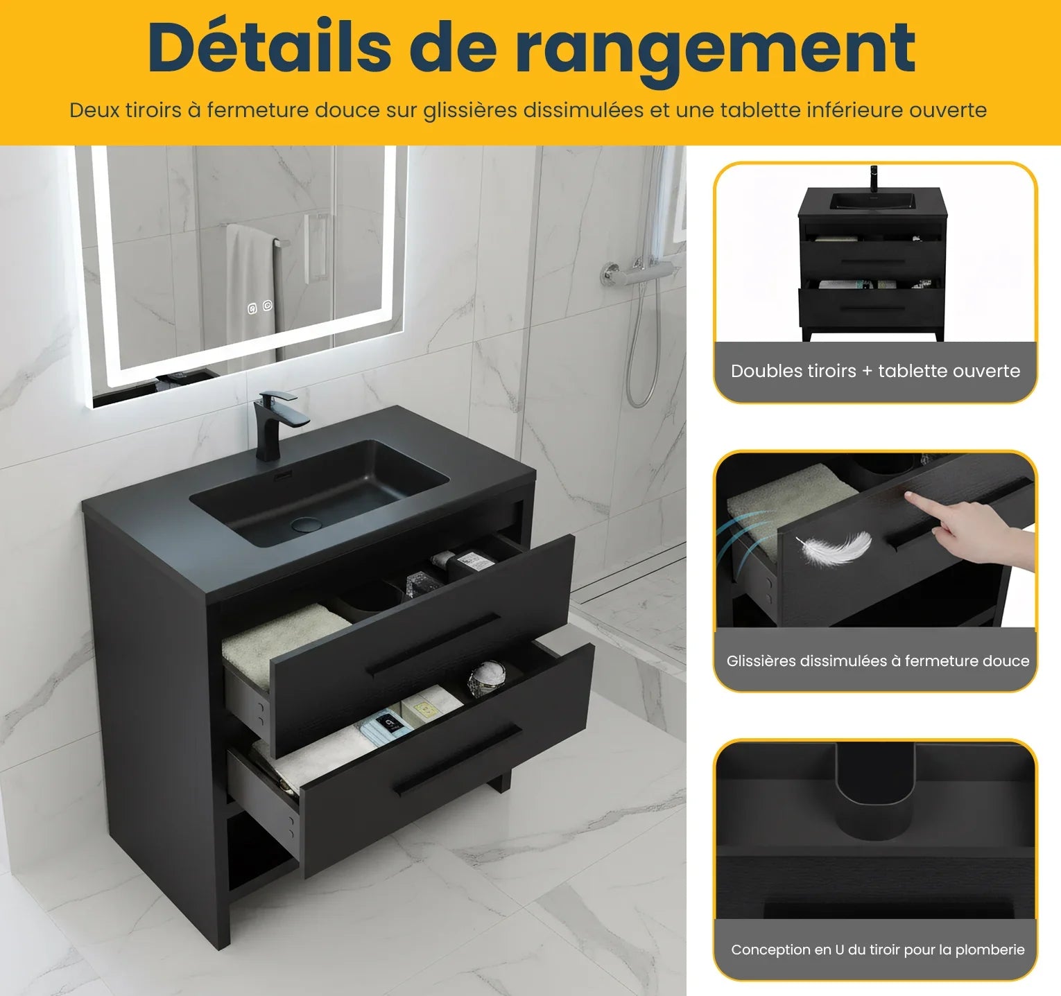 30" Black Oak Freestanding Single Sink Bathroom Vanity with Black Engineered Quartz Countertop
