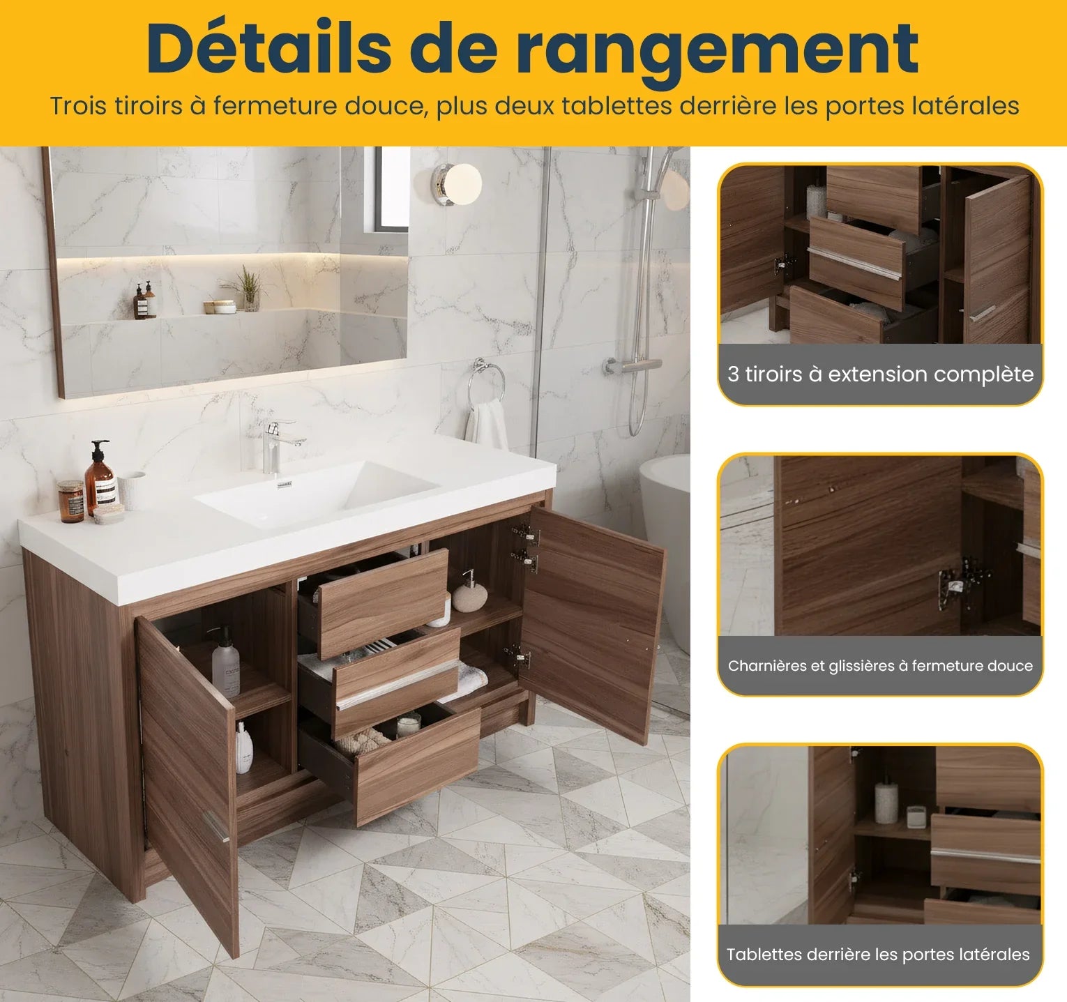 60" Walnut Freestanding Single Sink Bathroom Vanity with White Polymarble Countertop