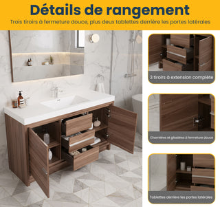 60" Walnut Freestanding Single Sink Bathroom Vanity with White Polymarble Countertop