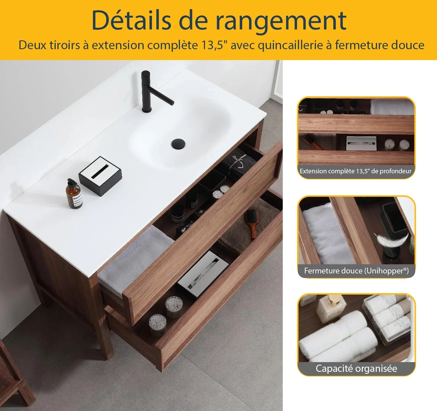 48" Natural Walnut Freestanding Single Sink Bathroom Vanity with White Solid Surface Countertop