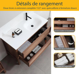 48" Natural Walnut Freestanding Single Sink Bathroom Vanity with White Solid Surface Countertop