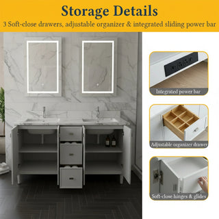 60" Hampton Grey Double Sink Freestanding Vanity with Engineered Calcutta Marble Countertop