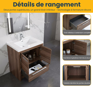 30" Walnut Freestanding Bathroom Vanity with White Polymarble Countertop