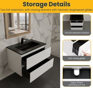 Meuble-lavabo mural blanc 24" avec Comptoir en quartz noir reconstitué