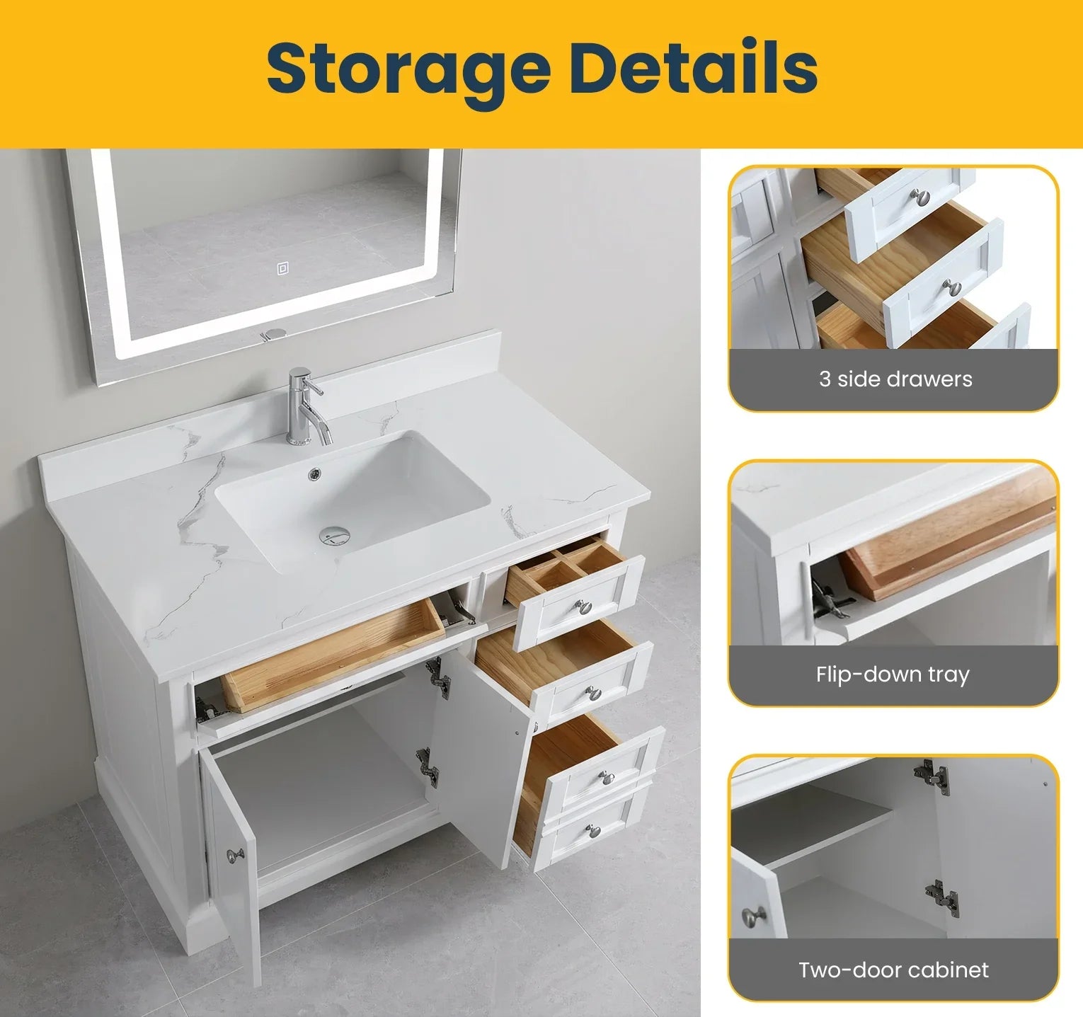 42" White Freestanding Single Sink Bathroom Vanity with Engineered Calcutta Marble Countertop