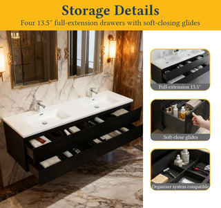 Meuble-lavabo double noir de 72" à fixer au mur avec Comptoir en polymarbre blanc