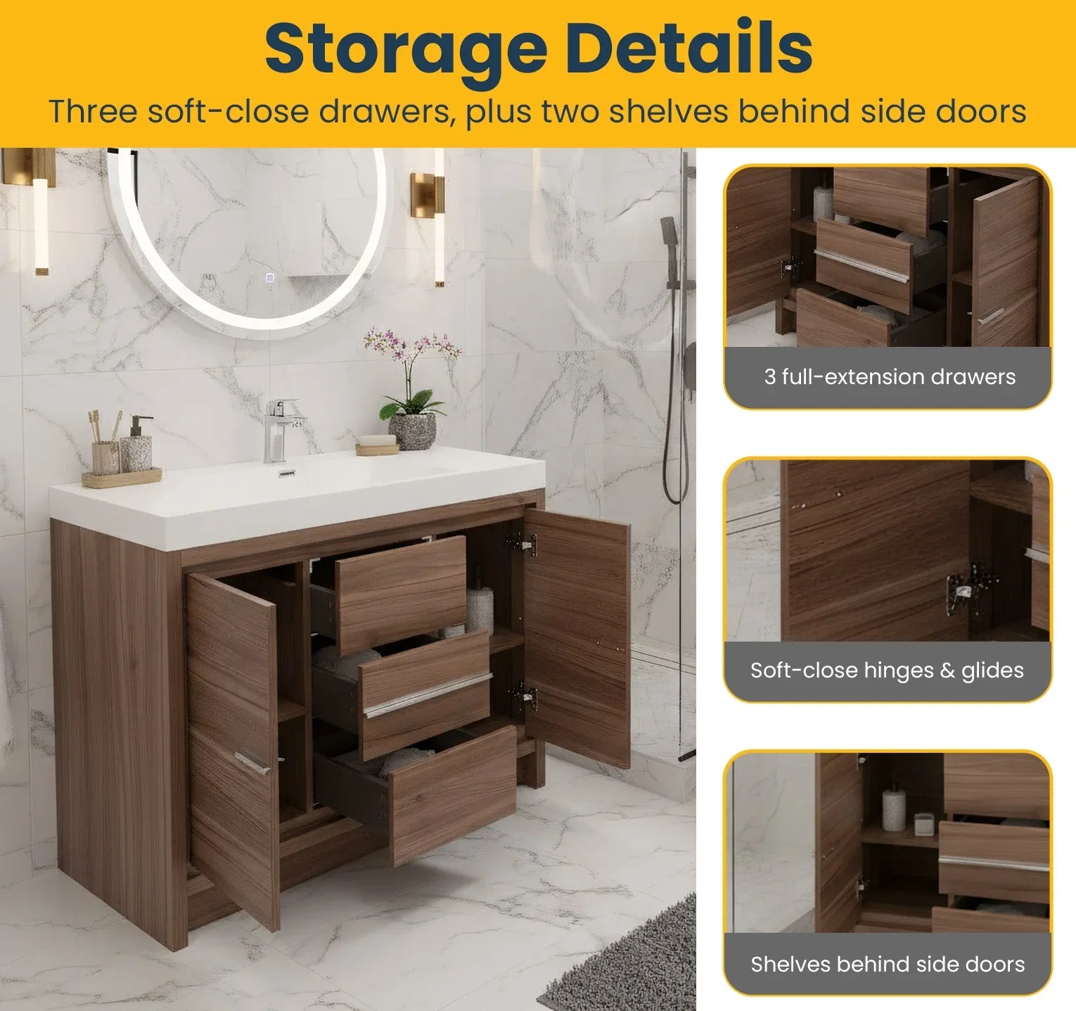 42" Walnut Freestanding Bathroom Vanity with White Polymarble Countertop