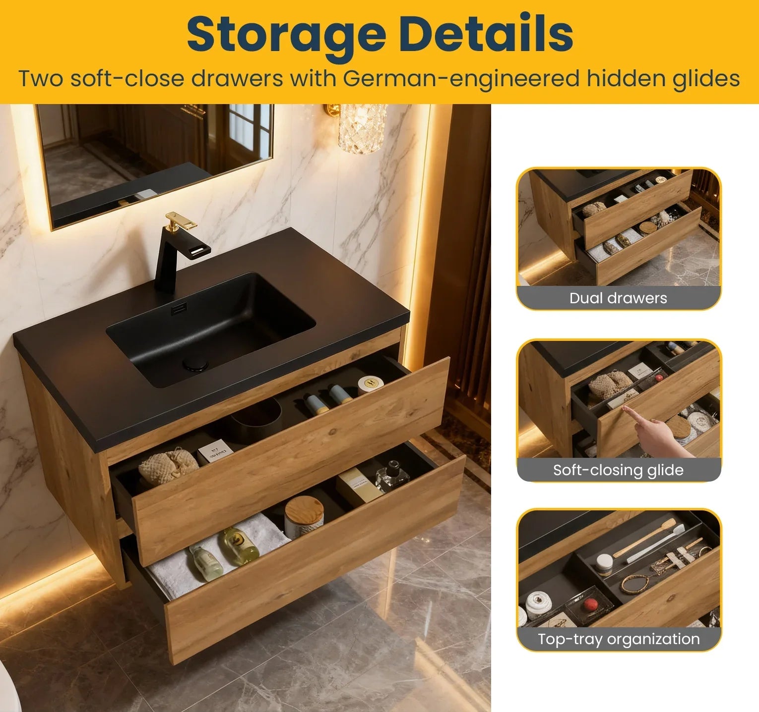 Meuble-Lavabo Mural 36po Chêne Brut avec Comptoir de Quartz d'ingénierie Noir