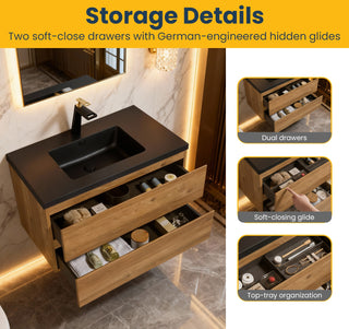 Meuble-Lavabo Mural 36po Chêne Brut avec Comptoir de Quartz d'ingénierie Noir