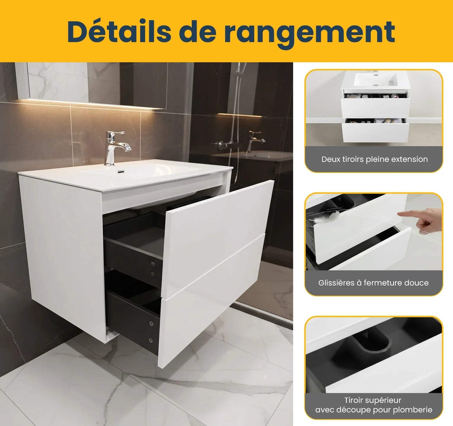 30" White Wall Mount Vanity with White Polymarble Countertop