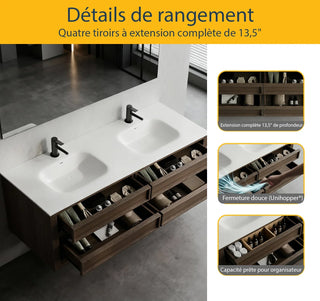 60" Smoked Oak Freestanding Double Sink Bathroom Vanity with White Solid Surface Countertop