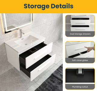 Meuble-Lavabo Mural 30po Blanc Mat avec Comptoir de Céramique Blanc