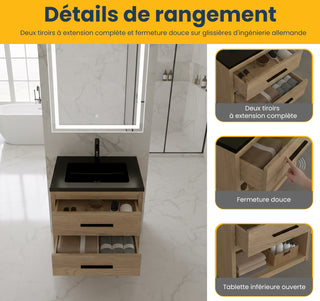 Meuble-lavabo Autoportant 24 po Chêne Brut avec Comptoir en Quartz Noir d’Ingénierie