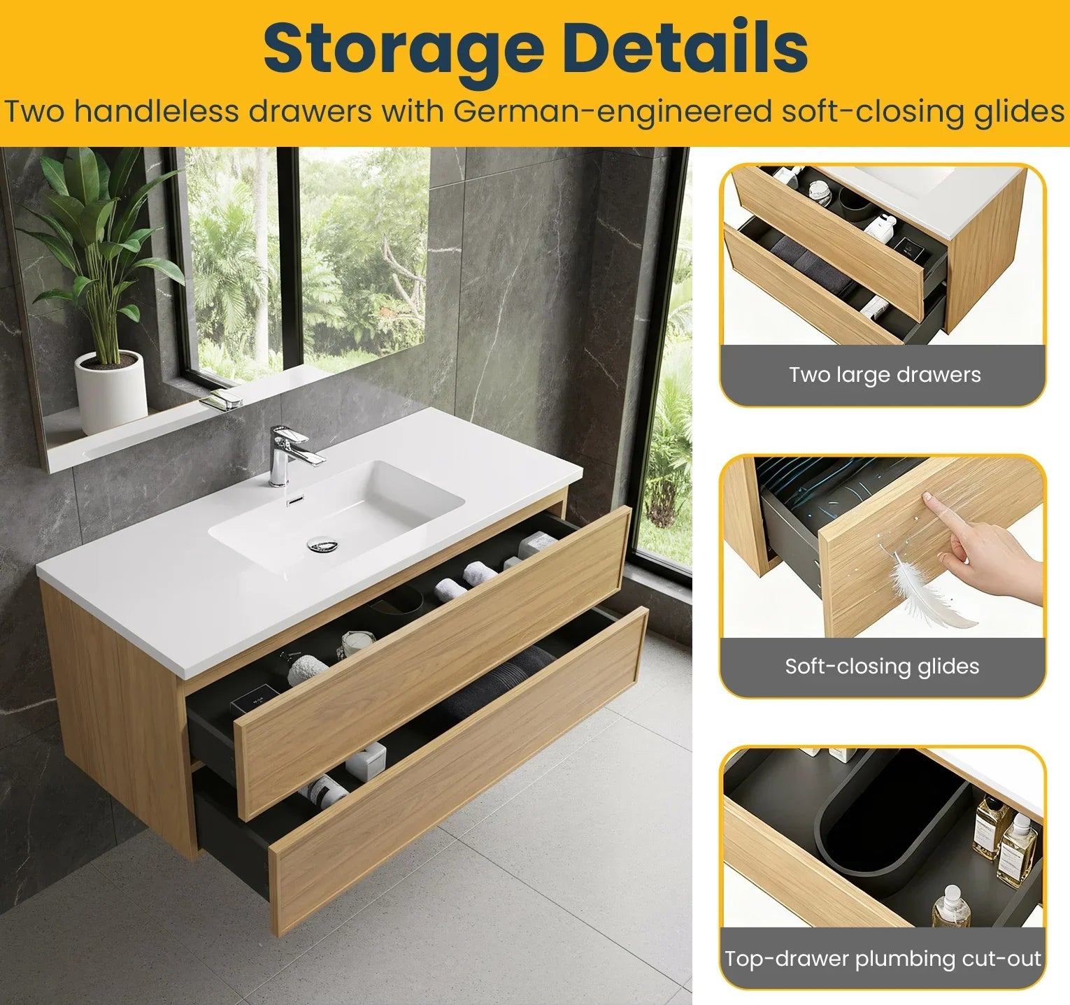 48" Sunset Walnut Wall Mount Vanity with White Polymarble Countertop - Luxe Collection