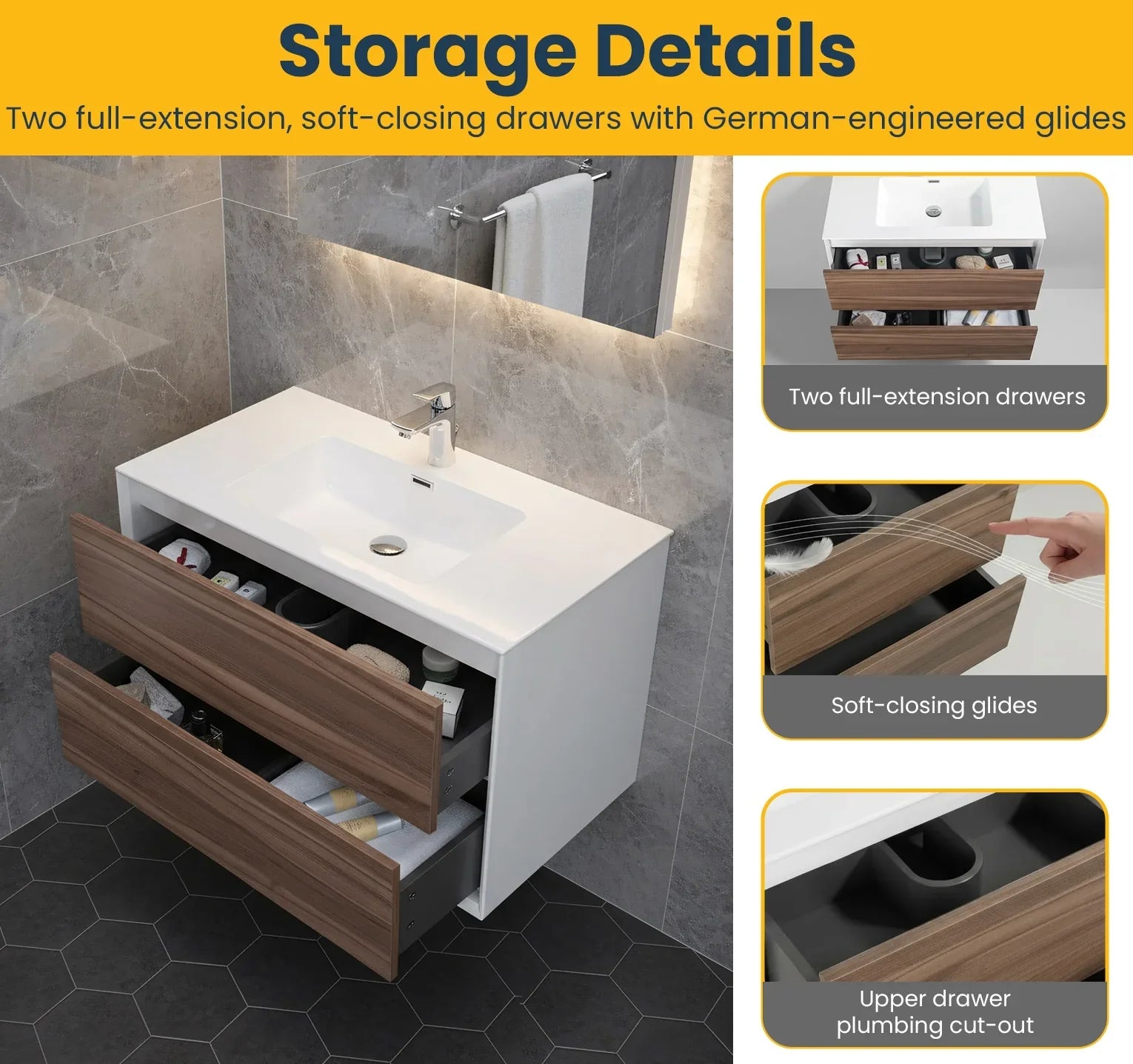 Meuble-lavabo mural en noyer de 36" avec Comptoir en polymarbre blanc