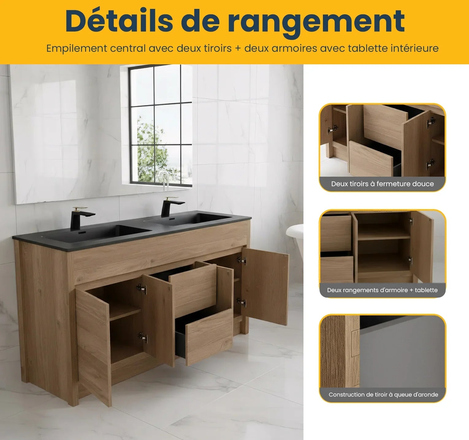 60" Rough Oak Freestanding Double Sink Bathroom Vanity with Black Engineered Quartz Countertop