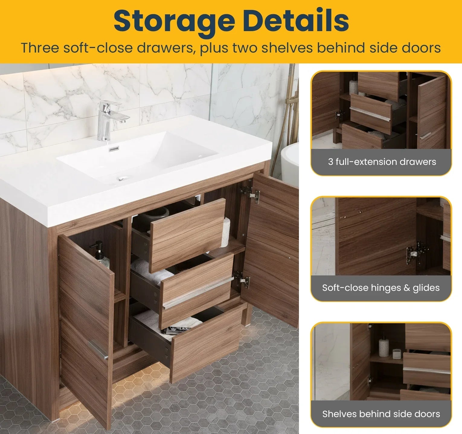 48" Walnut Freestanding Bathroom Vanity with White Polymarble Countertop