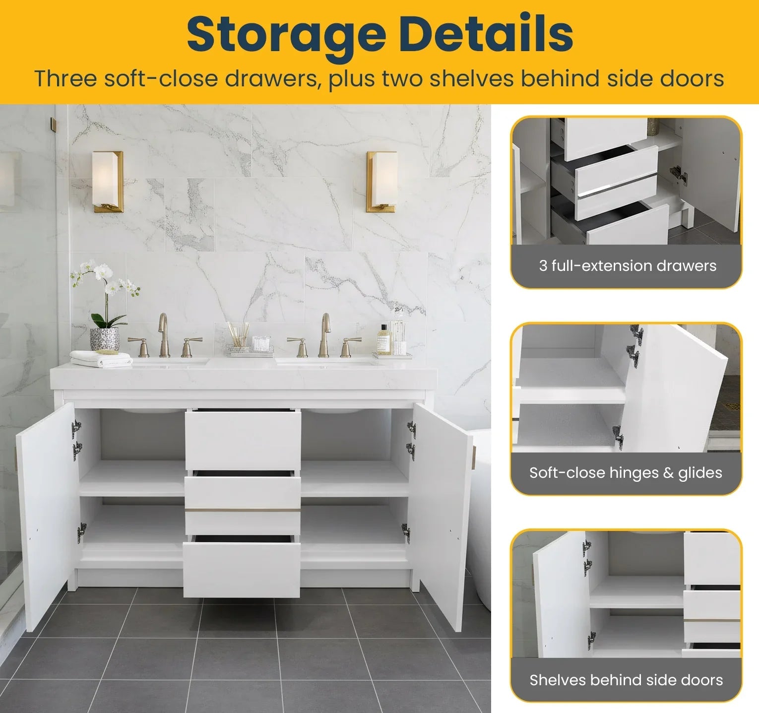 Meuble-Lavabo Autoportant 60po Blanc Brillant avec Comptoir de Polymarbre Blanc 