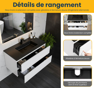 40" White Wall Mount Bathroom Vanity with Black Engineered Quartz Countertop