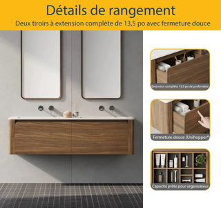 Meuble-Lavabo Mural 60po Noyer avec Comptoir de Surface solide Blanc Mat