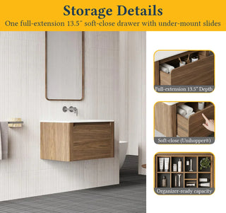 Meuble-Lavabo Mural 30po Noyer avec Comptoir en Surface Solide Mat Blanc