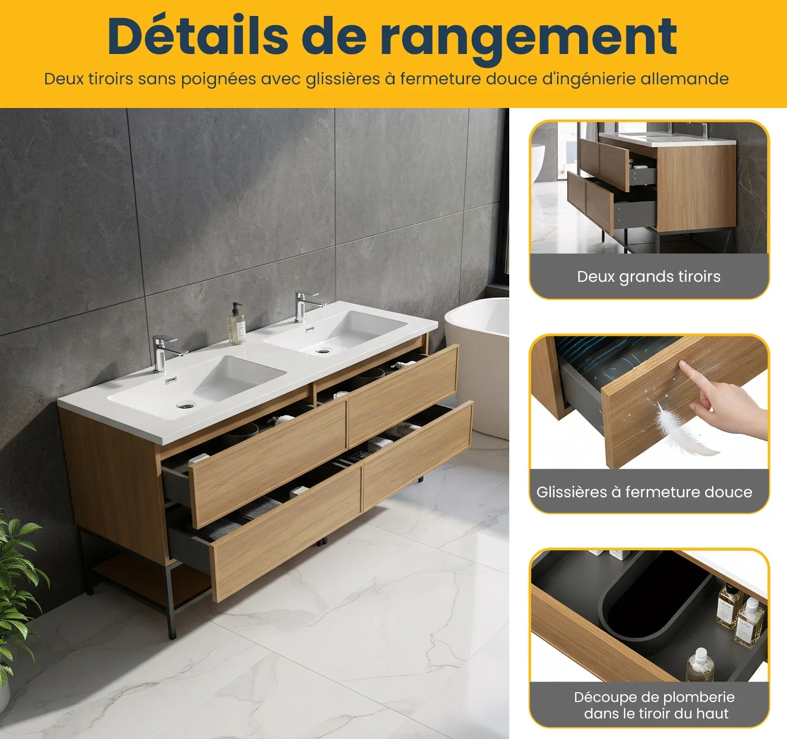 60" Honey Gold Walnut Wall Mount Double Sink Bathroom Vanity with White Polymarble Countertop