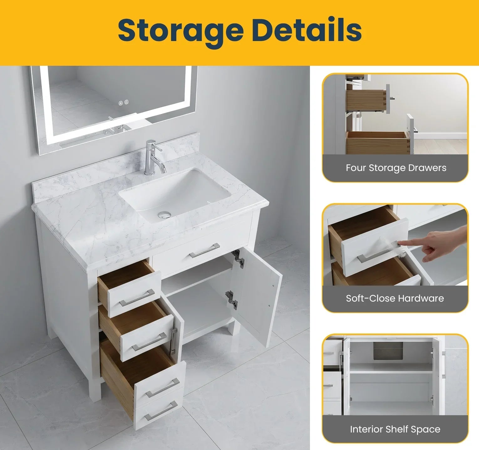 36" White Freestanding Single Sink Bathroom Vanity with Carrera Marble Countertop