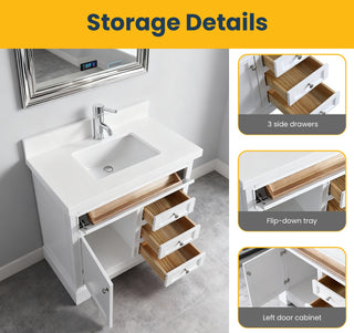 36" White Freestanding Single Sink Bathroom Vanity with Snow White Countertop