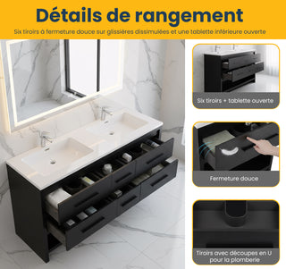 72" Black Rough Oak Freestanding Double Sink Bathroom Vanity with White Polymarble Countertop