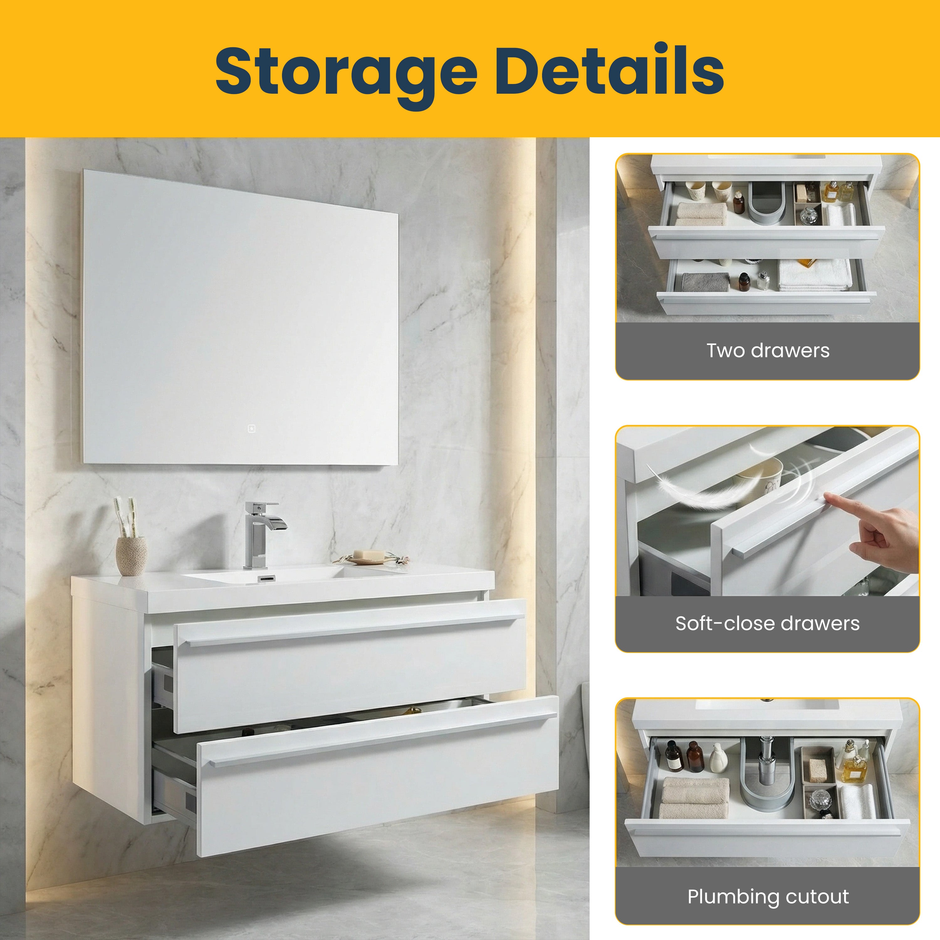 Meuble-Lavabo Mural Blanc de 36 po avec Comptoir en Polymarbre Blanc