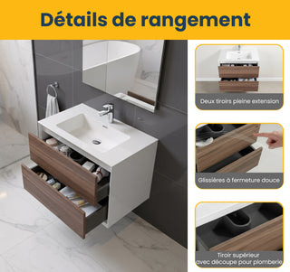 30" Walnut Wall Mount Vanity with White Polymarble Countertop