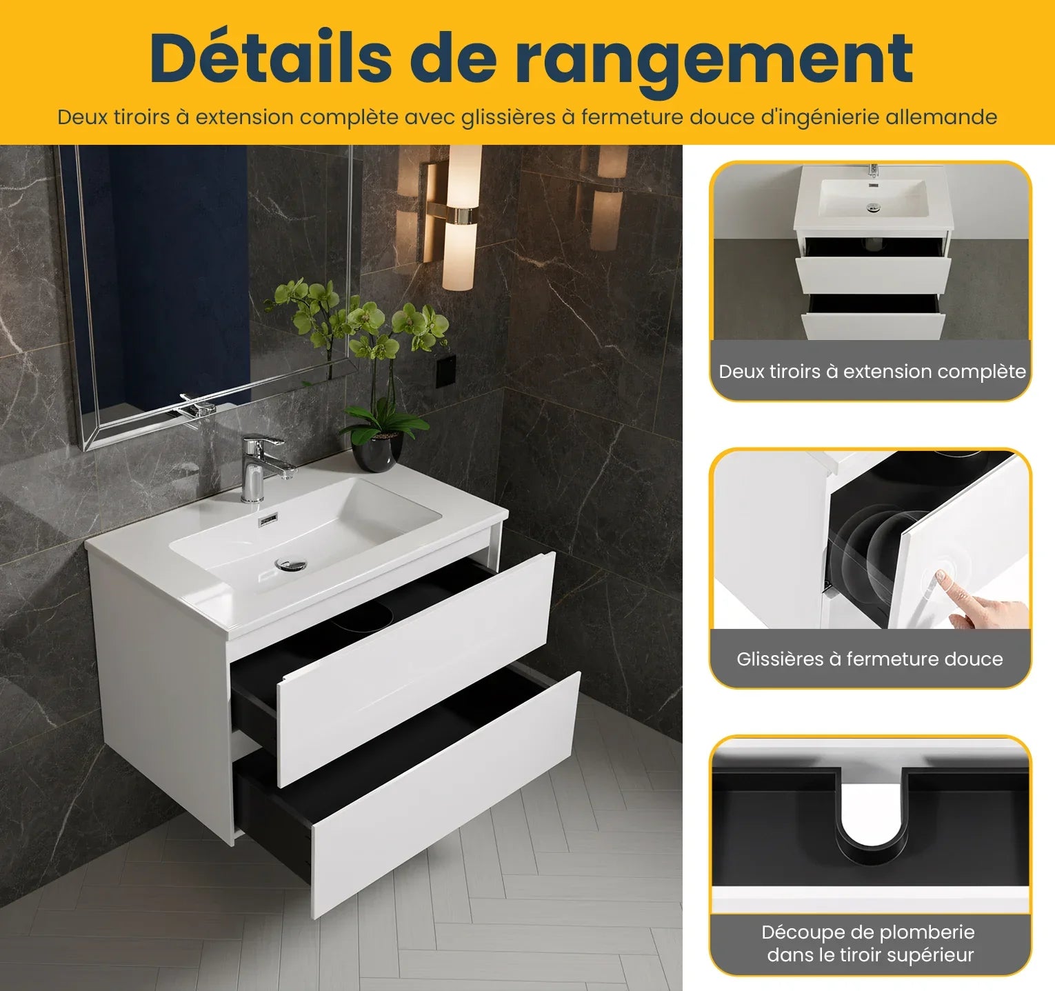 24" White Wall Mount Single Sink Bathroom Vanity with White Polymarble Countertop