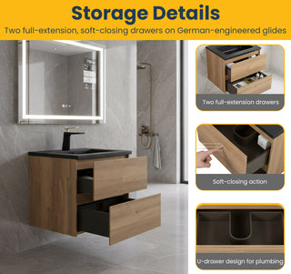 Meuble-Lavabo Mural 24po Chêne Brut avec Comptoir de Quartz d'ingénierie Noir