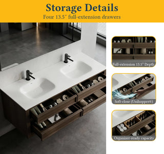 60" Smoked Oak Freestanding Double Sink Bathroom Vanity with White Solid Surface Countertop