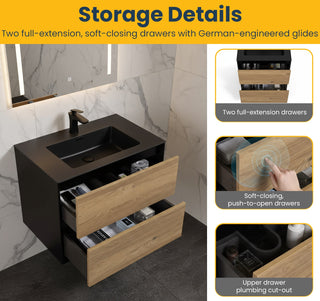 30" Black & Rough Oak Wall Mount Vanity with Black Engineered Quartz Countertop