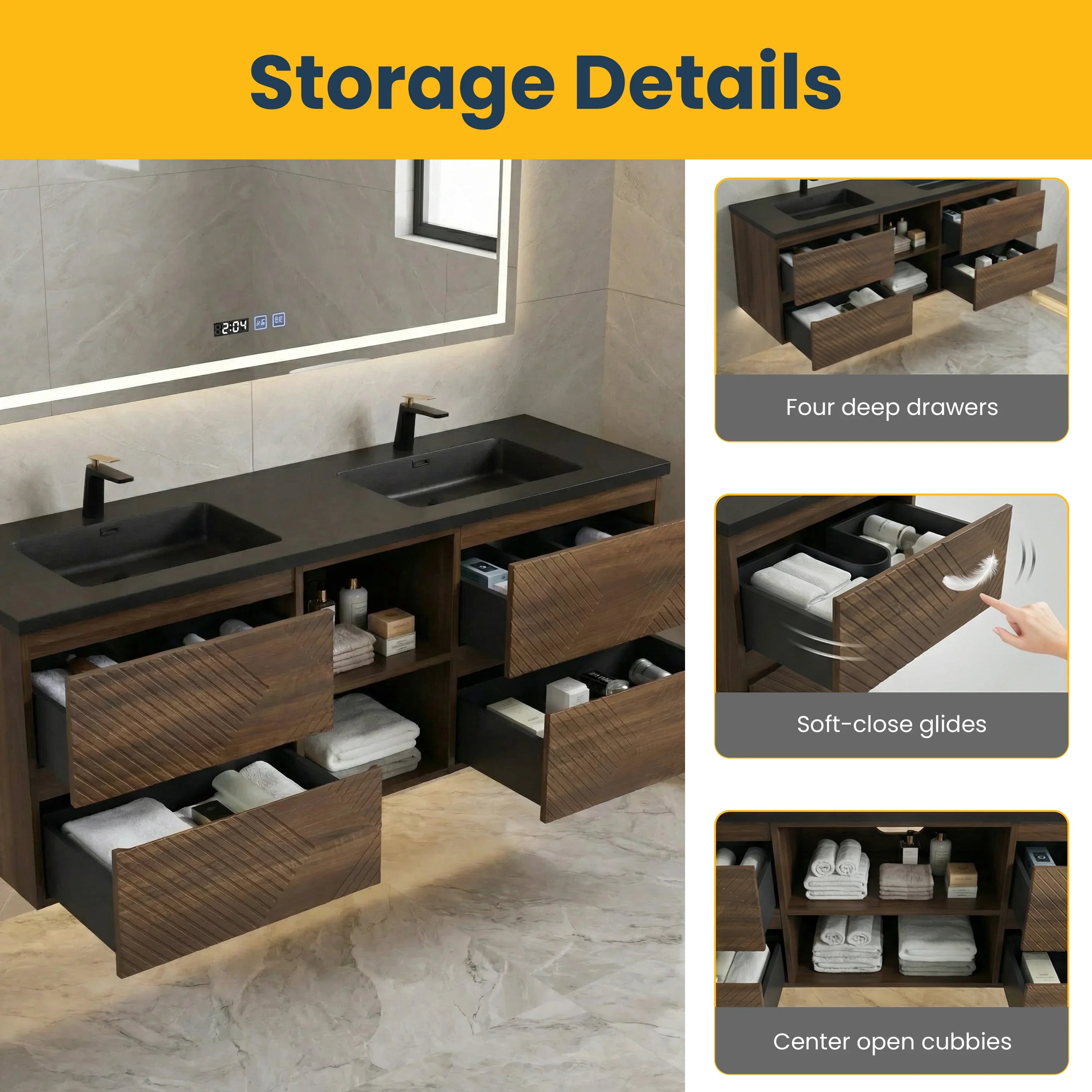 72" Walnut Wall Mount Double Sink Bathroom Vanity with Black Engineered Quartz Countertop
