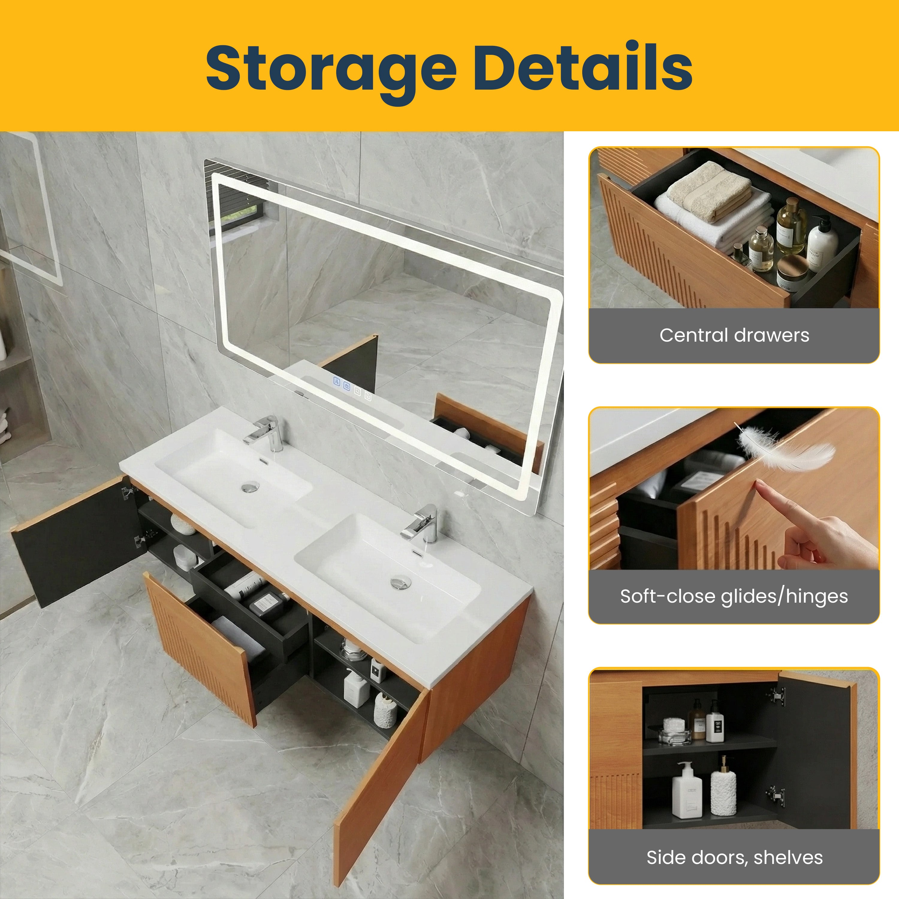 60" Light Oak Wall-Mounted Double Sink Bathroom Vanity with White Polymarble Countertop