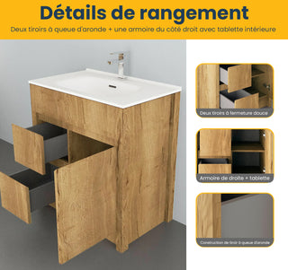 Meuble-Lavabo Autoportant 30po Chêne Givré avec Comptoir de Céramique Blanc