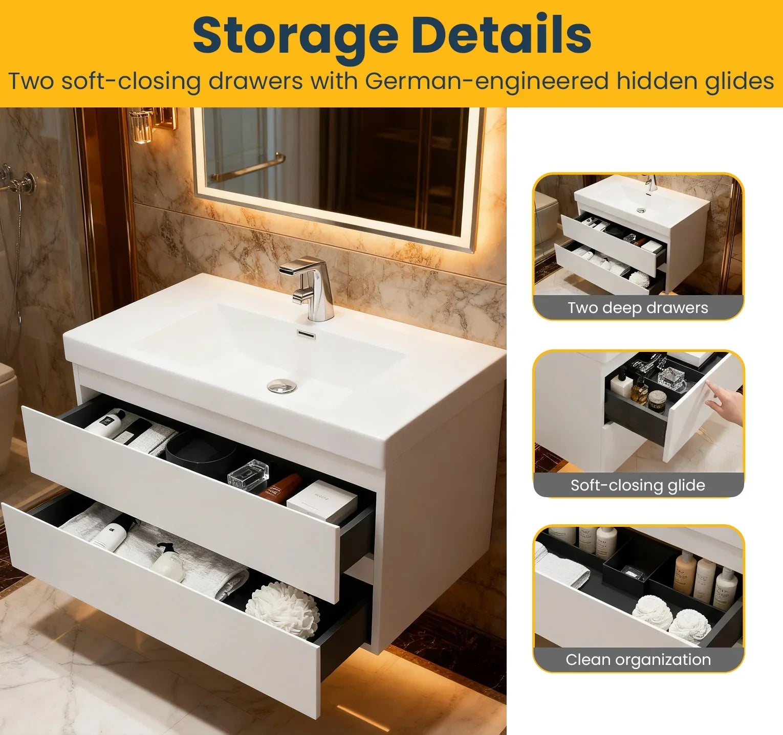 36" Glossy White Wall Mount Bathroom Vanity with White Polymarble Countertop