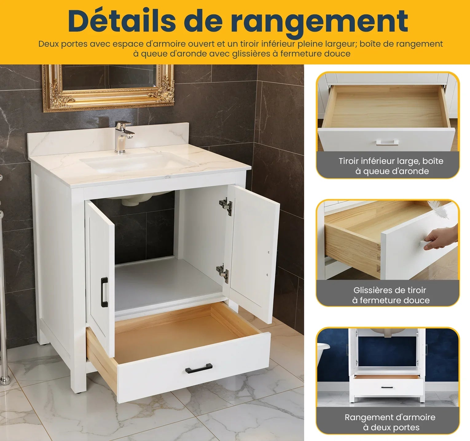 30" White Freestanding Single Sink Bathroom Vanity with Engineered Calcutta Marble Countertop