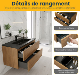 Meuble-Lavabo Mural 36po Noyer Miel Doré avec Comptoir de Quartz d'ingénierie Noir