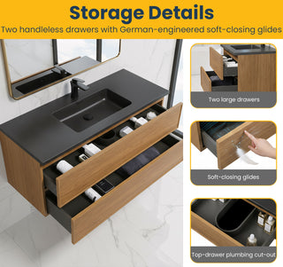 Meuble-Lavabo Mural 48po Noyer Miel Doré avec Comptoir de Quartz d'ingénierie Noir