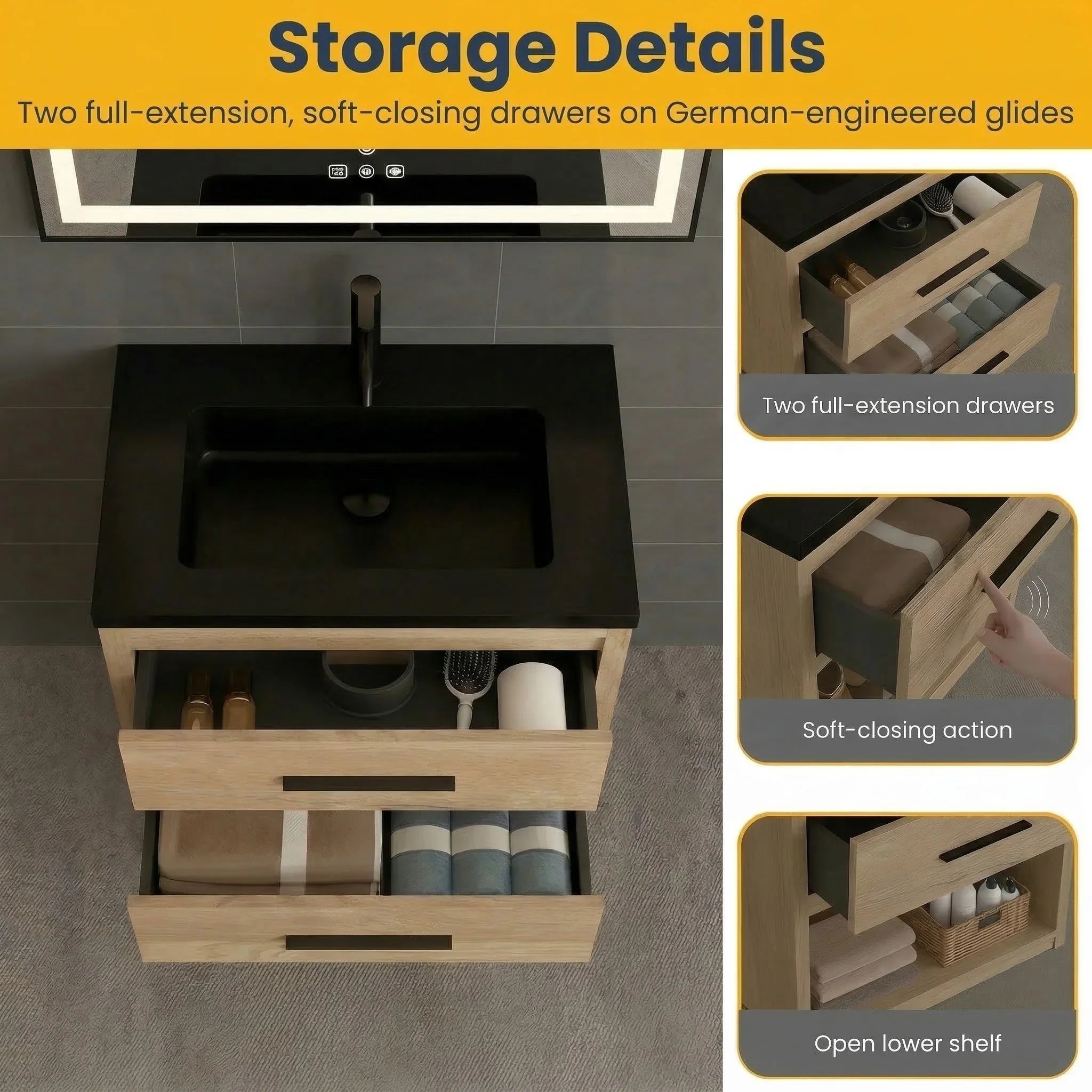 30" Rough Oak Freestanding Bathroom Vanity with Black Engineered Quartz Countertop
