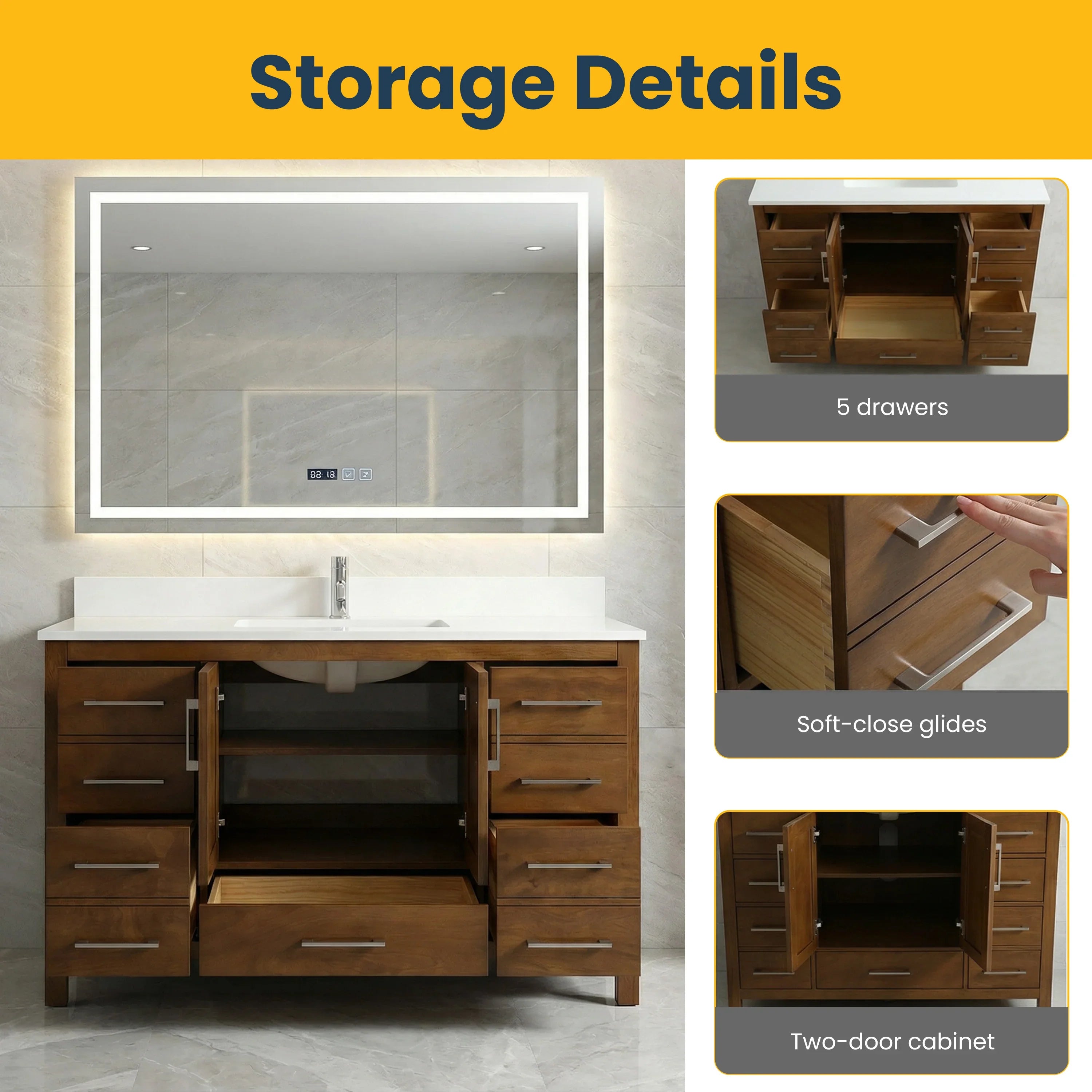 48" Walnut Freestanding Bathroom Vanity with Engineered White Marble Countertop