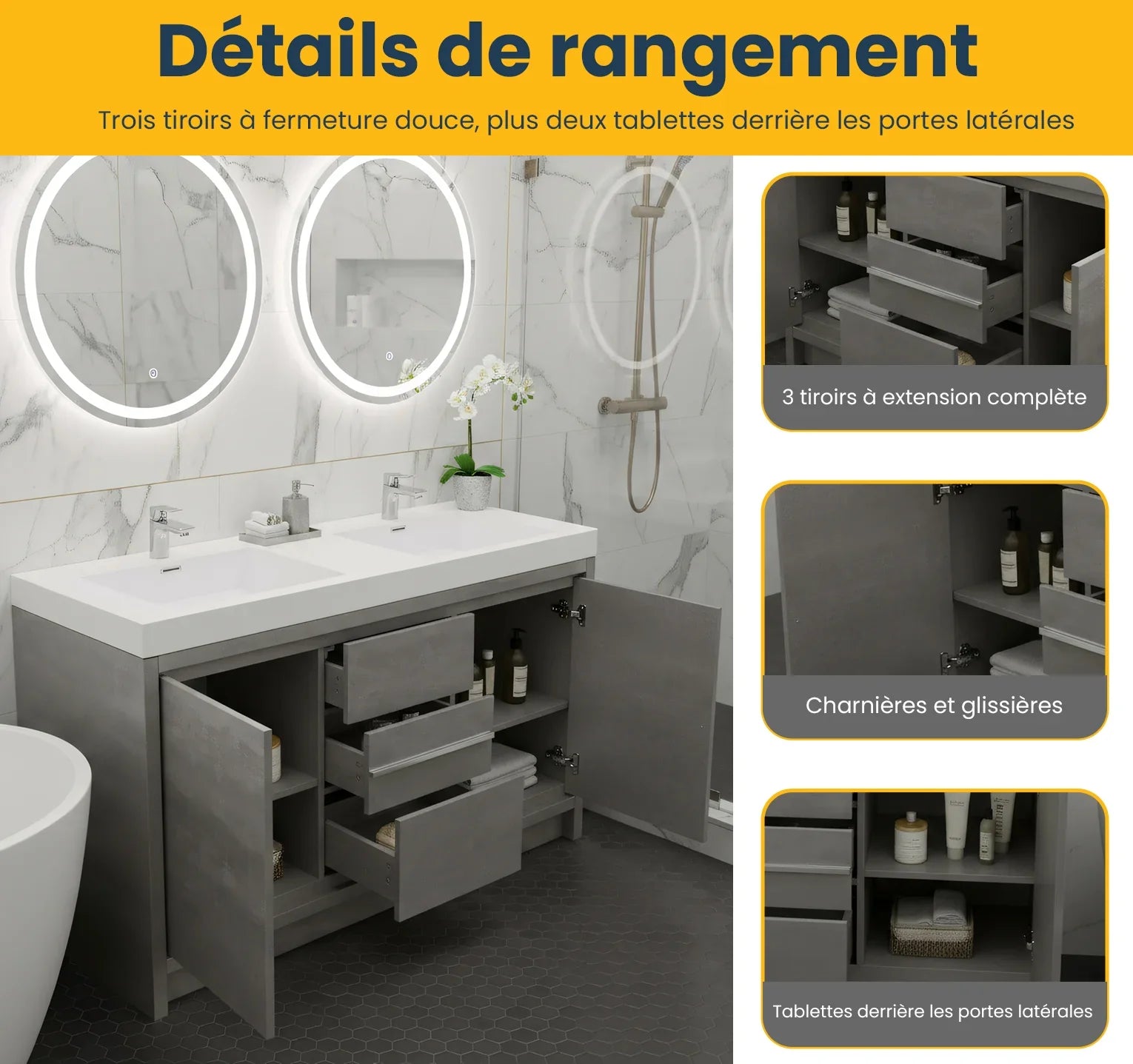 60" Cement Freestanding Double Sink Bathroom Vanity with White Polymarble Countertop