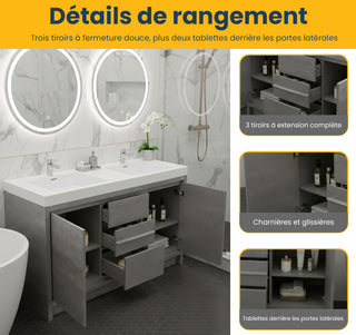 60" Cement Freestanding Double Sink Bathroom Vanity with White Polymarble Countertop