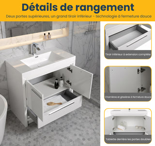 Meuble-Lavabo Autoportant 36po Blanc Brillant avec Comptoir de Polymarbre Blanc 