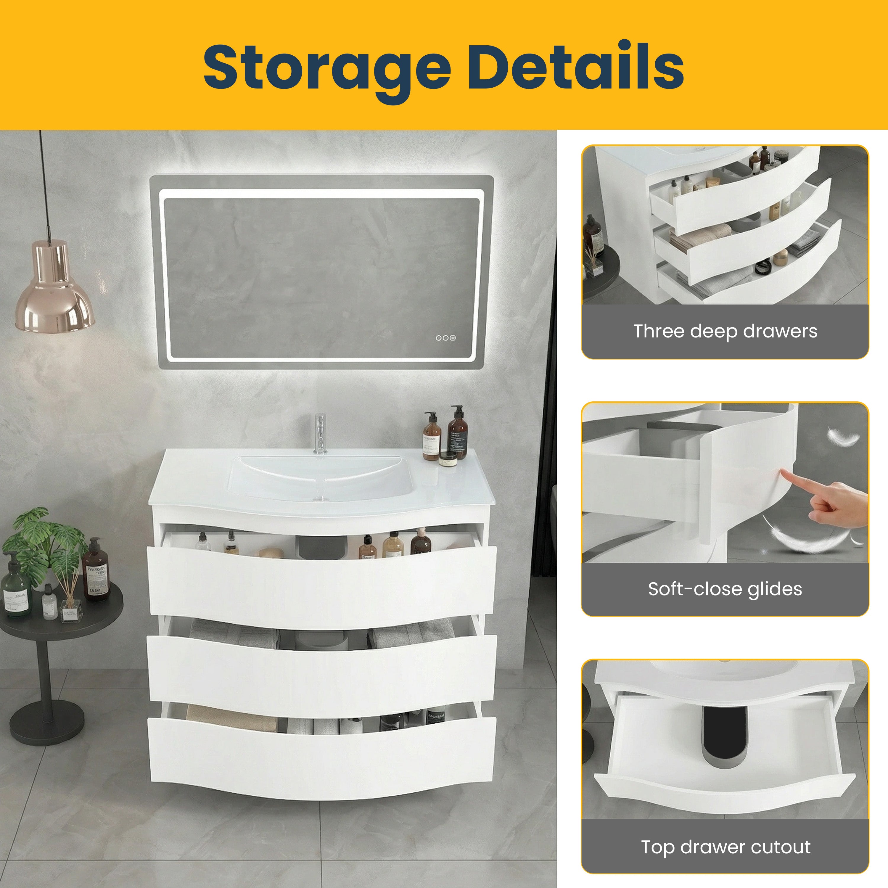Meuble-Lavabo Autoportant 40po Blanc Mat avec Comptoir de Verre Blanc